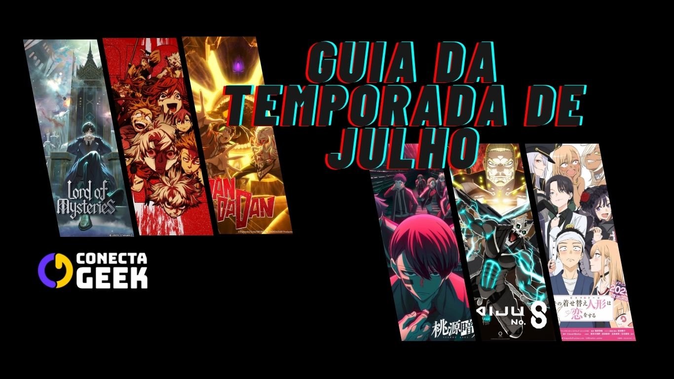 Imagem com fundo preto exibindo o título "GUIA DA TEMPORADA DE JULHO" em letras grandes e coloridas. Ao lado, várias imagens de animes recém-lançados ou que estrearão na temporada de julho de 2025, incluindo títulos populares e aguardados.