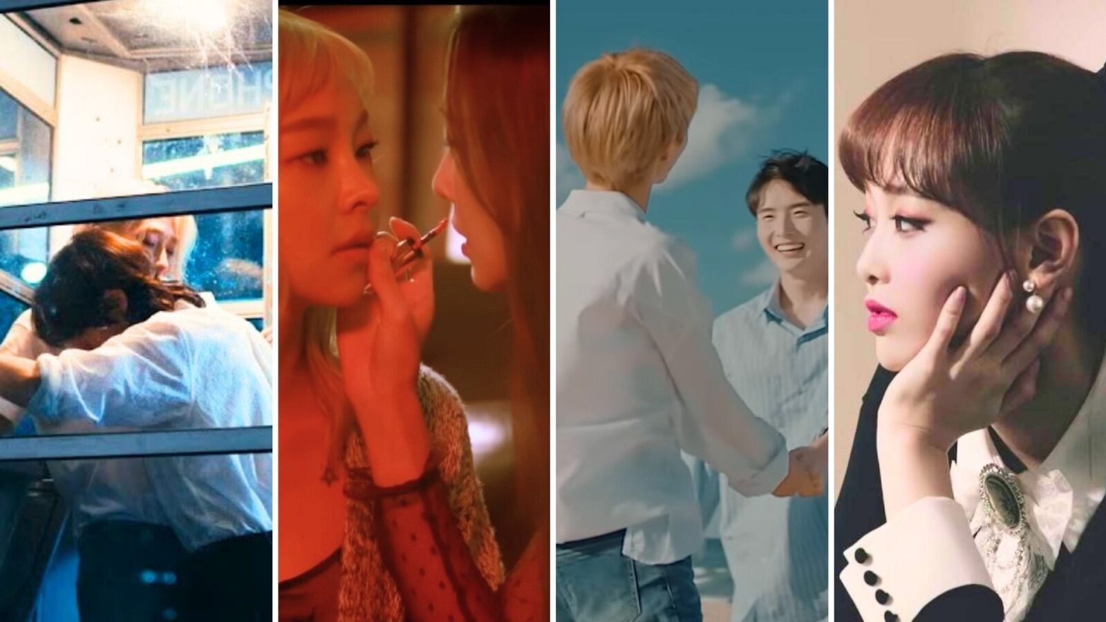 a imagem é uma montagem de 4 fotos de diferentes MVs de K-pop com temas LGBTQIA+