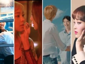 a imagem é uma montagem de 4 fotos de diferentes MVs de K-pop com temas LGBTQIA+