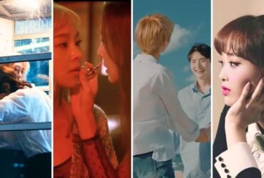 a imagem é uma montagem de 4 fotos de diferentes MVs de K-pop com temas LGBTQIA+