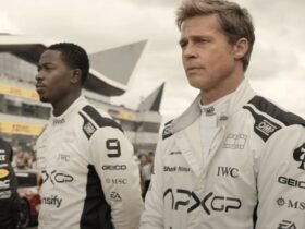 Brad Pitt como Sonny Hayes e Damson Idros como Pearce em “F1 – O Filme”, produção Apple Original. Foto: Divulgação