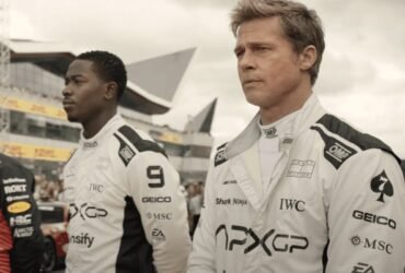 Brad Pitt como Sonny Hayes e Damson Idros como Pearce em “F1 – O Filme”, produção Apple Original. Foto: Divulgação
