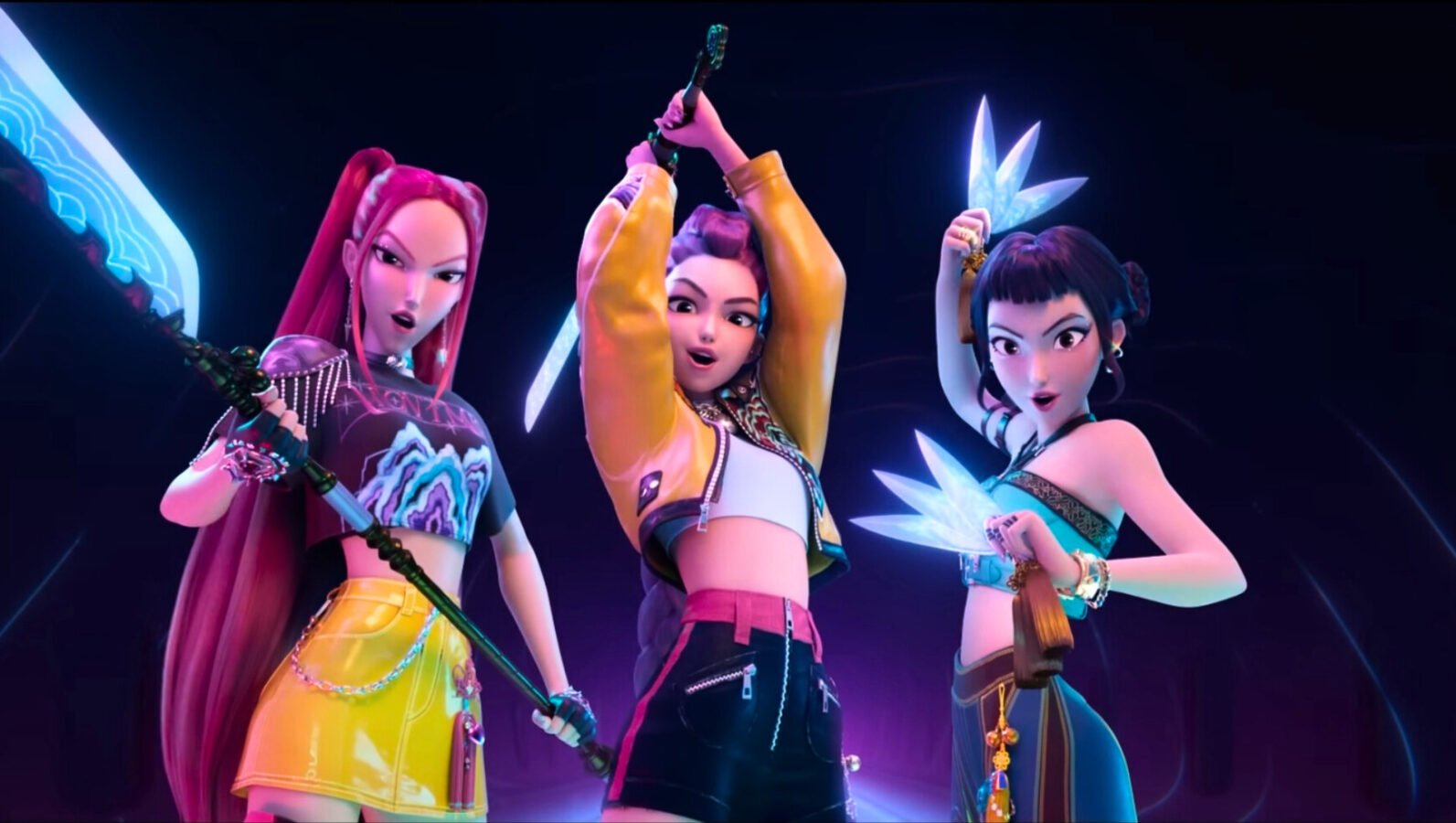 Mira, Rumi e Zoey, protagonistas do filme Guerreiras do K-pop mostram suas armas de batalha