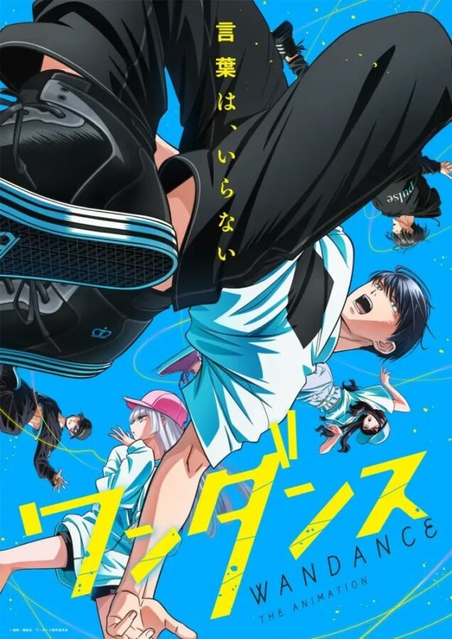 Pôster dinâmico do anime "Wandance", apresentando cinco personagens em poses de dança de rua de cabeça para baixo contra um fundo azul brilhante.