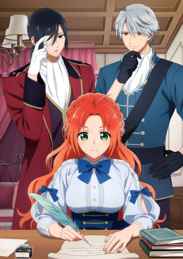 Pôster promocional do anime Akujiki Reijou to Kyouketsu Koushaku. Uma mulher de cabelo ruivo escreve com uma pena à mesa, ladeada por dois homens em trajes de época: um com cabelo preto e tapa-olho e outro com cabelo grisalho.