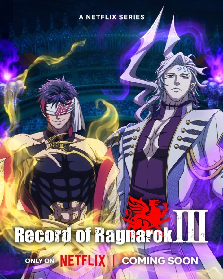 Pôster promocional da 3ª Temporada de Record of Ragnarok na Netflix, mostrando o lutador humano Raiden Tameemon à esquerda e o deus hindu Shiva à direita. Ambos estão em poses de confronto em uma arena escura.