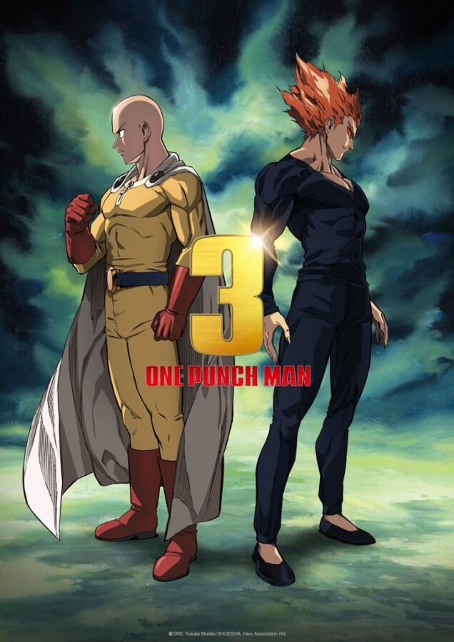 Pôster promocional para o anime da 3ª Temporada de One-Punch Man, mostrando Saitama em seu traje de herói amarelo à esquerda e Garou com cabelo ruivo e roupa escura à direita, com um grande número '3' no centro.