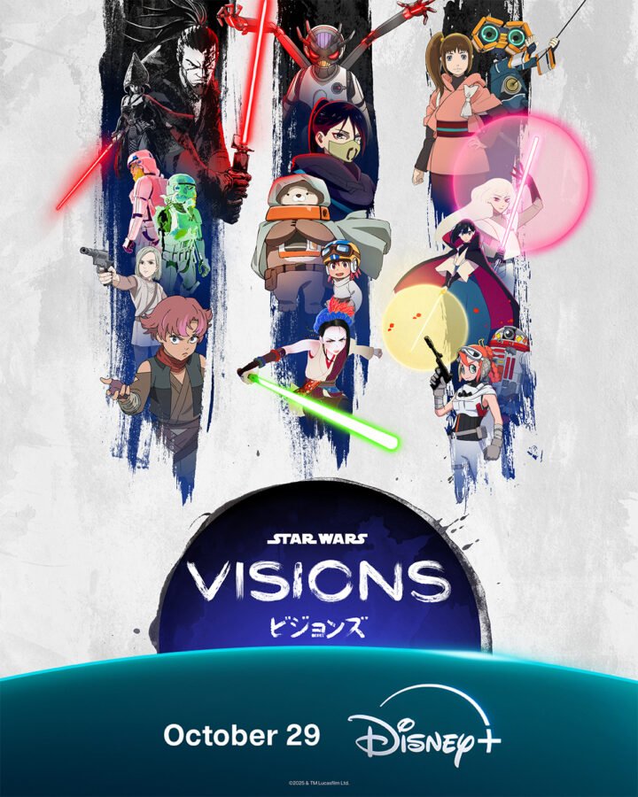 Pôster de Star Wars: Visions mostrando uma coleção de diversos personagens originais de anime, incluindo Jedi e Sith com sabres de luz vermelhos e verdes, em um fundo branco e manchado, com o logotipo da série abaixo.