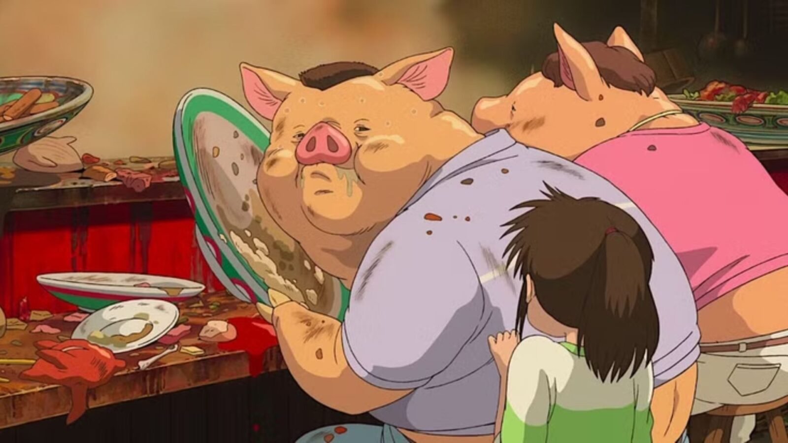 Pais de Chihiro como porcos em A Viagem de Chihiro.