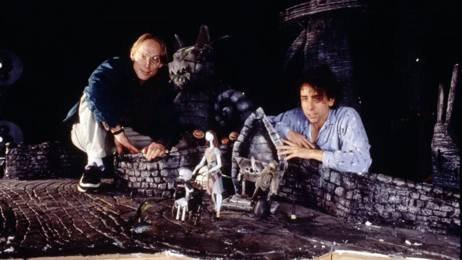 Henry Selick e Tim Burton no set de O Estranho Mundo de Jack.