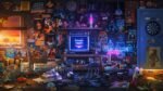 Imagem nostálgica com objetos e posters antigos de bandas, filmes e games.