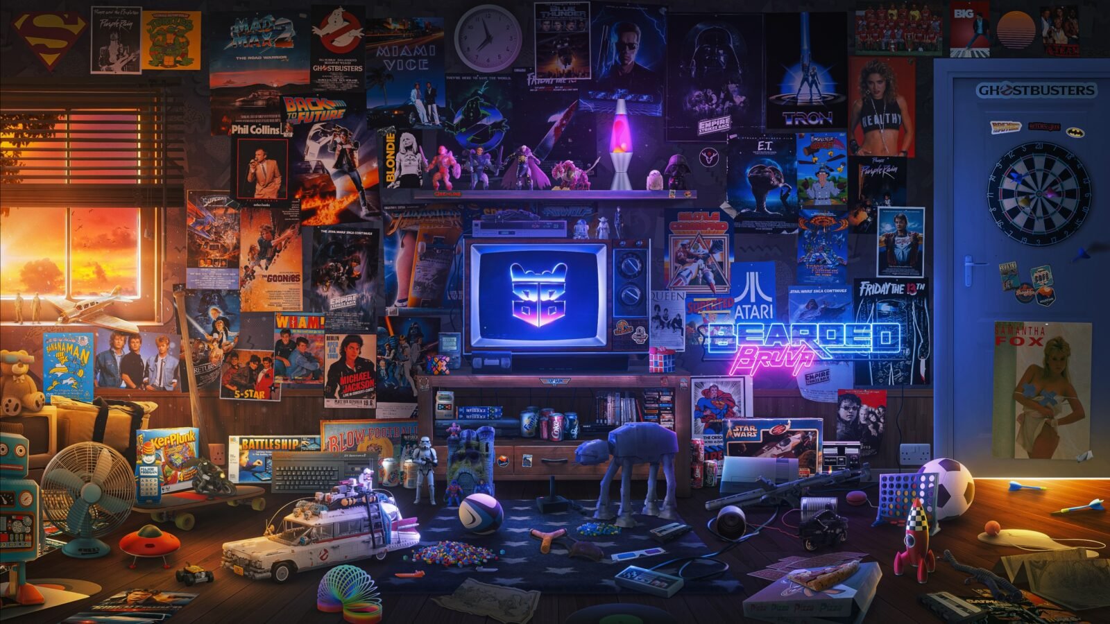 Imagem nostálgica com objetos e posters antigos de bandas, filmes e games.