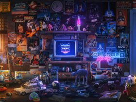 Imagem nostálgica com objetos e posters antigos de bandas, filmes e games.