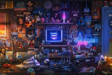 Imagem nostálgica com objetos e posters antigos de bandas, filmes e games.