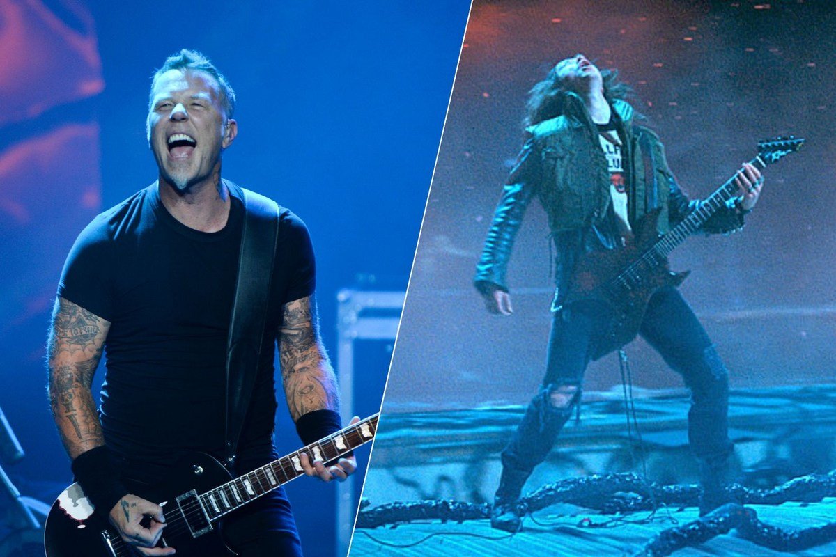 James Hetfield vocalista da banda Metallica e o Personagem Eddie Munson da série Stranger Things respectivamente