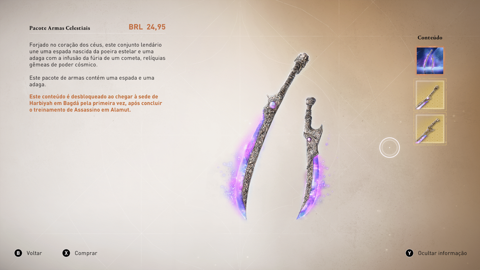 Pacote Armas Celestiais para Assassin's Creed Mirage, mostrando uma espada e uma adaga com efeitos visuais roxos e estelares. O pacote custa BRL 24,95 e contém uma espada e uma adaga lendárias, desbloqueadas após o treinamento em Alamut.