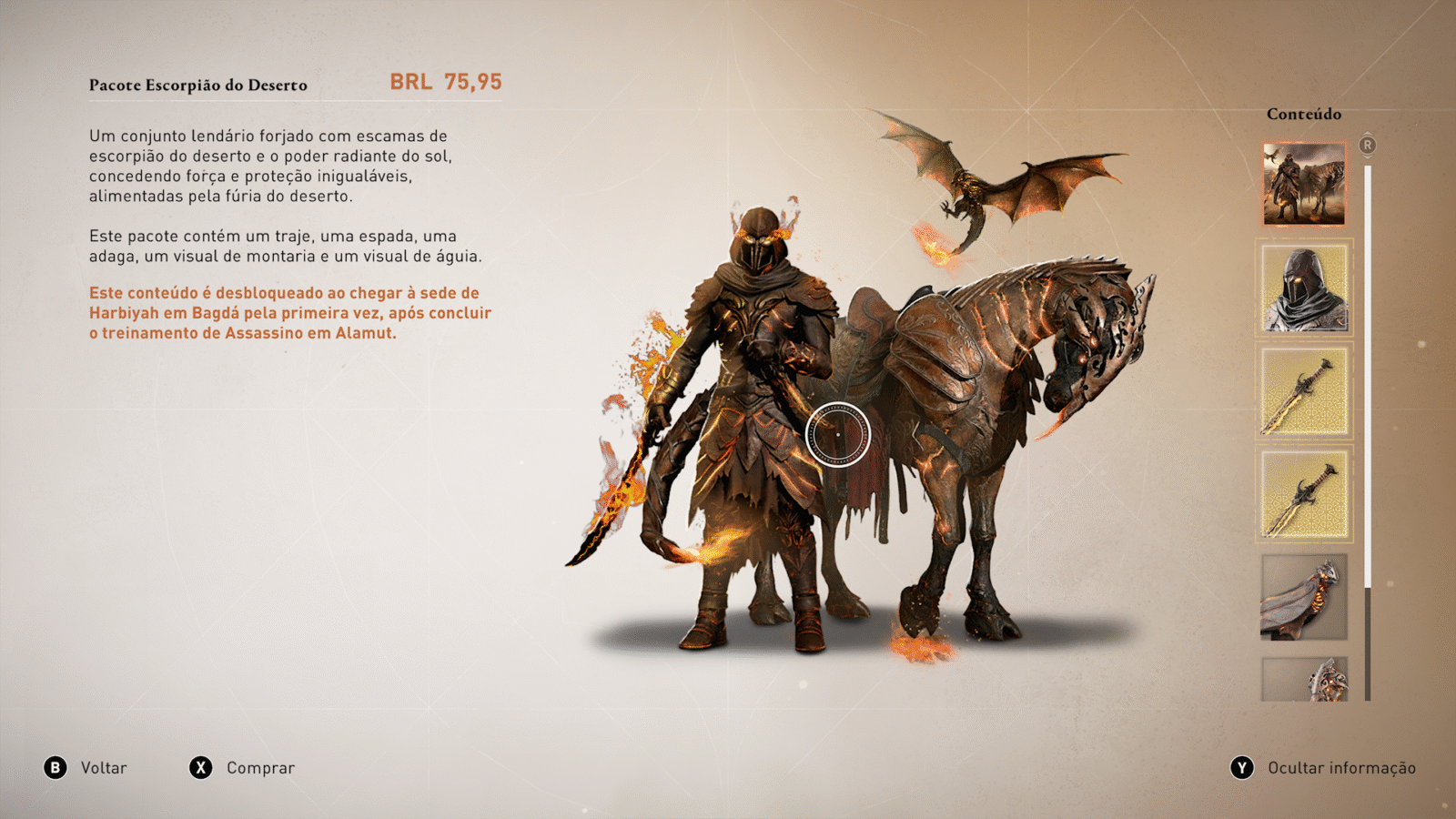 Pacote Escorpião do Deserto para Assassin's Creed Mirage, mostrando o traje, montaria e uma águia, com descrição em português de que o pacote lendário de BRL 75,95 é desbloqueado após o treinamento em Alamut.
