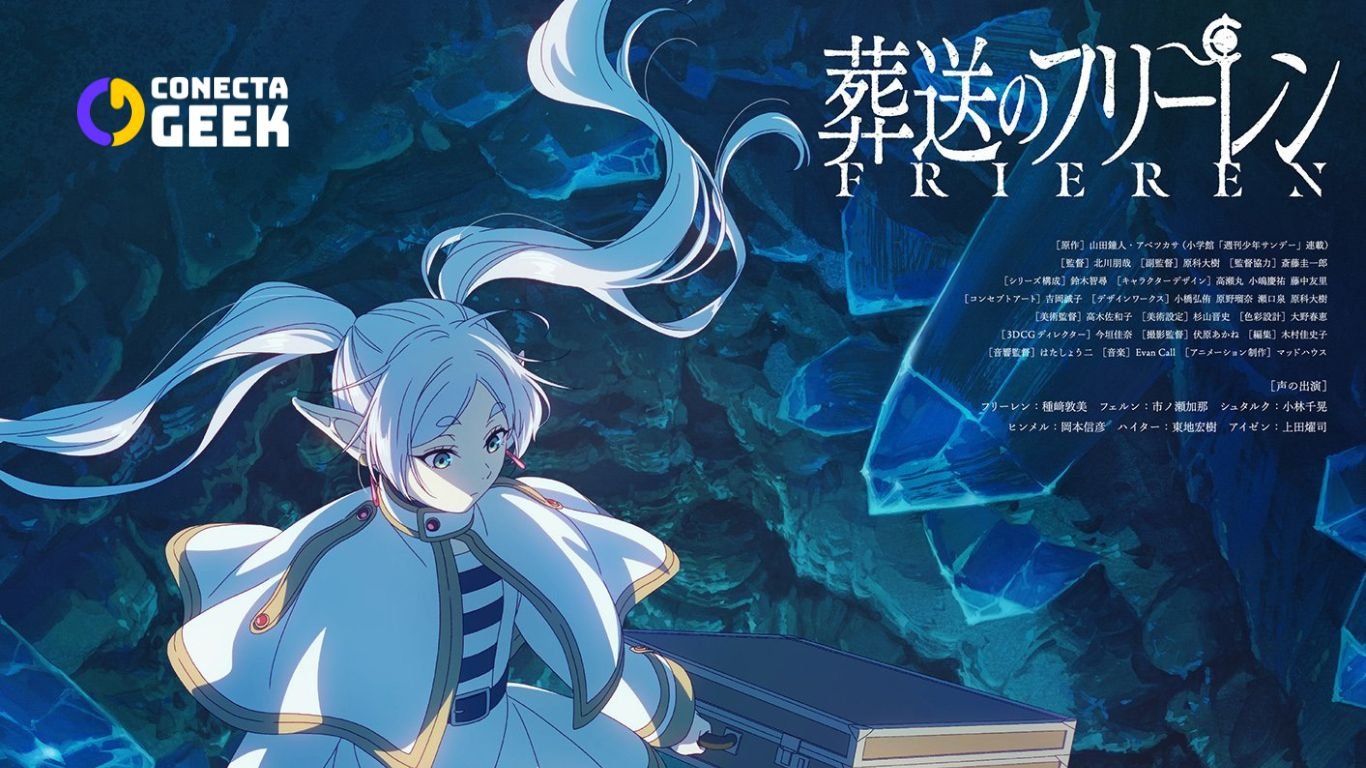 Frieren, a elfa protagonista de Frieren: Beyond Journey's End, em uma imagem promocional com o logotipo do anime em japonês.