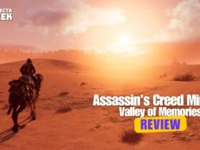 A imagem de fundo mostra o protagonista montado a cavalo em um deserto alaranjado sob um pôr do sol intenso.