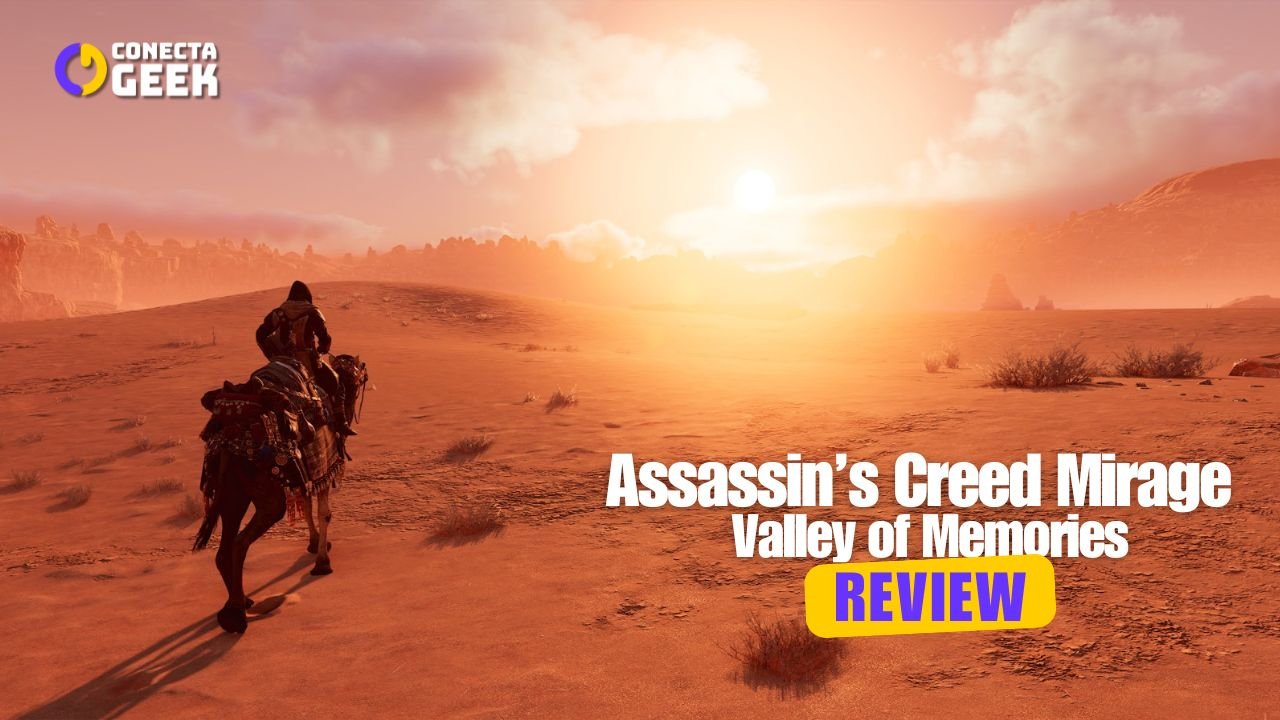 A imagem de fundo mostra o protagonista montado a cavalo em um deserto alaranjado sob um pôr do sol intenso.