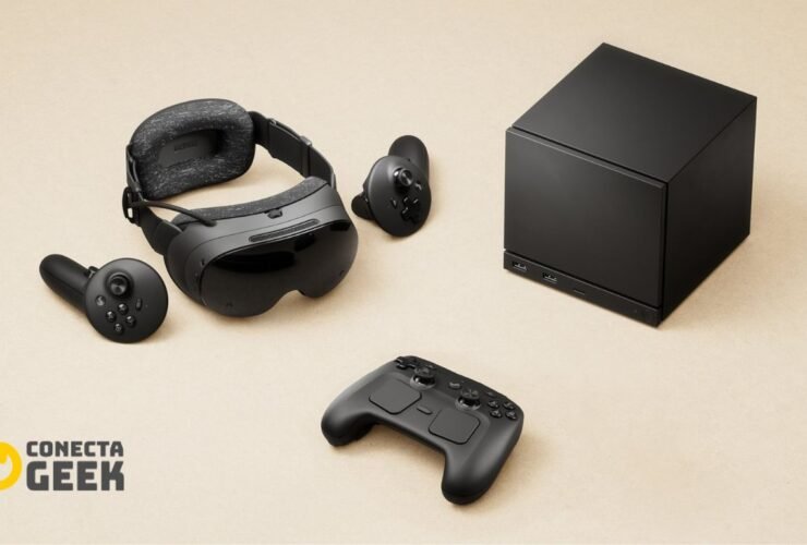 Uma imagem de estúdio mostrando os novos dispositivos da Valve: um headset VR (Steam Frame), um console box preto (Steam Machine) e um novo controle de jogo.