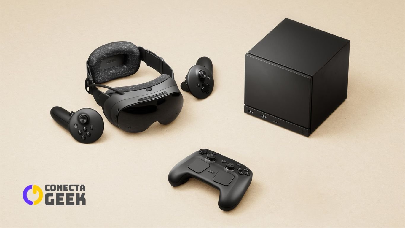 Uma imagem de estúdio mostrando os novos dispositivos da Valve: um headset VR (Steam Frame), um console box preto (Steam Machine) e um novo controle de jogo.