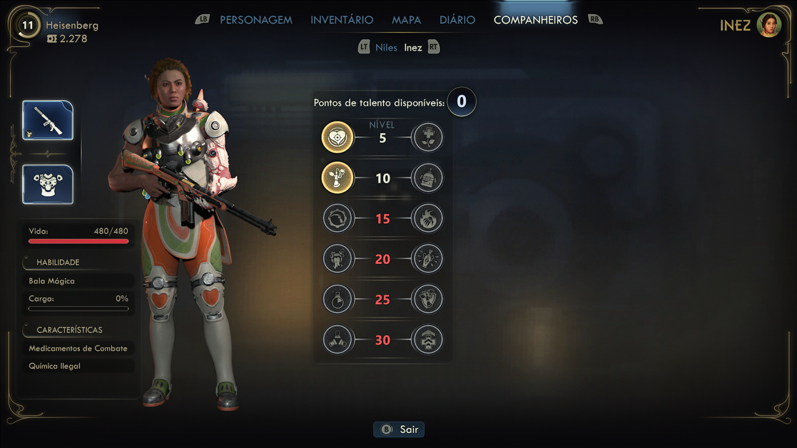 Interface do menu de Companheiros em The Outer Worlds 2, focada na personagem Inez. Ela está equipada e a tela exibe seus atributos, a árvore de talentos de nível 5 a 30 e suas características de combate.