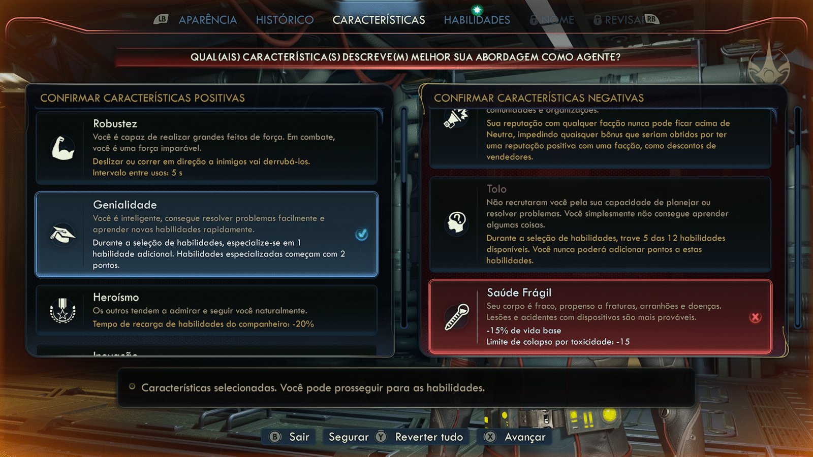 Interface do jogo The Outer Worlds 2 exibindo as telas de "Confirmar Características Positivas" (Robustez, Genialidade, Heroísmo) e "Confirmar Características Negativas" (Tolo, Saúde Frágil) para criação de personagem.