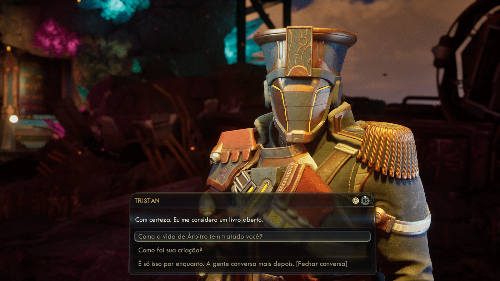 Cena de diálogo no jogo The Outer Worlds 2 com um personagem chamado Tristan, que usa um capacete futurista. A caixa de texto exibe opções de diálogo.