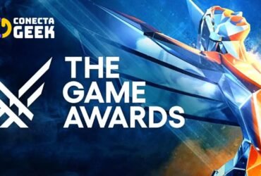 Troféu do The Game Awards em tons de azul e laranja, com o título em letras brancas.