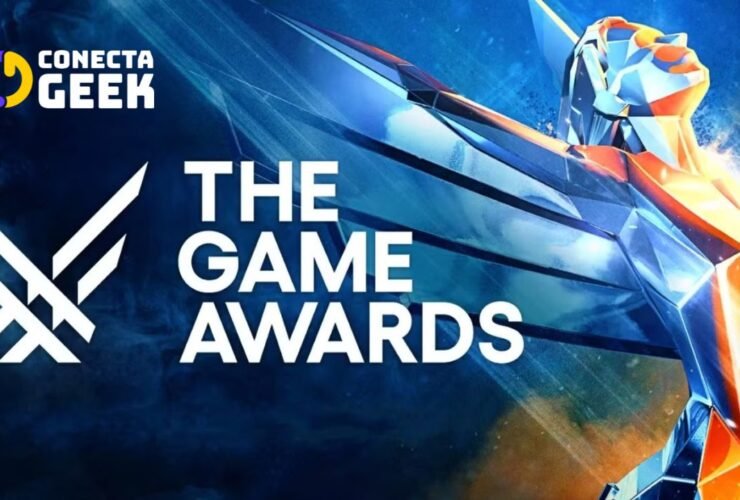 Troféu do The Game Awards em tons de azul e laranja, com o título em letras brancas.