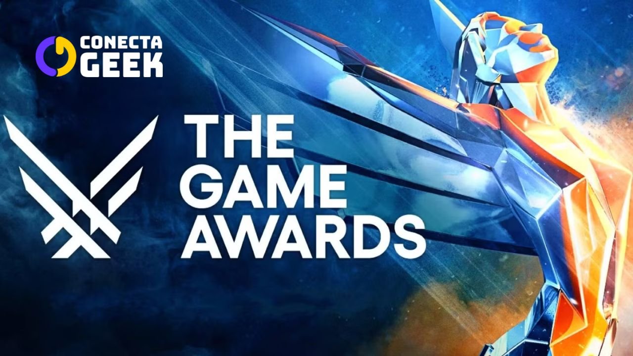Troféu do The Game Awards em tons de azul e laranja, com o título em letras brancas.