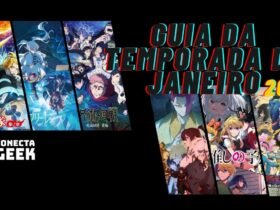 Imagem com o título "GUIA DA TEMPORADA DE JANEIRO 2026" em letras grandes. A imagem exibe seis artes verticais de animes populares: Fire Force, Frieren, Jujutsu Kaisen, Hell’s Paradise, Oshi no Ko e Vigilante: Boku no Hero Academia. No canto inferior esquerdo, destaca-se o logotipo "CONECTA GEEK".
