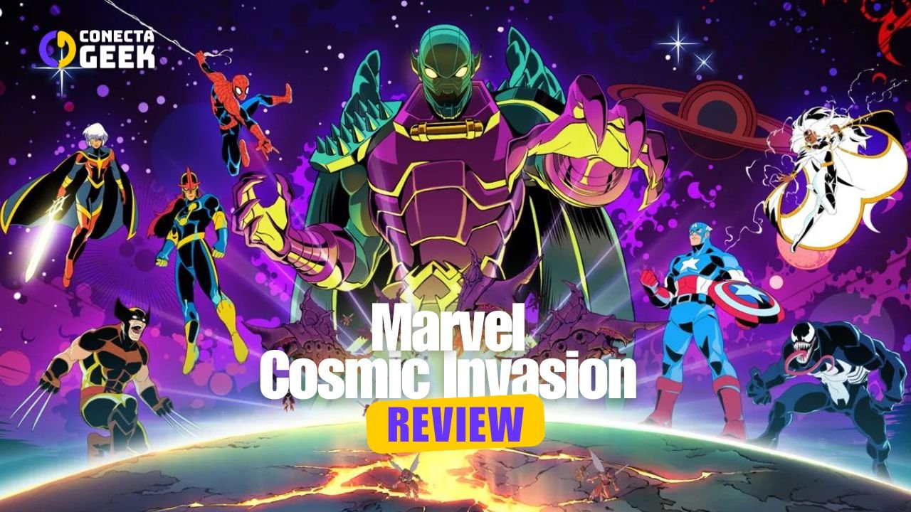 Arte promocional em estilo de animação moderna. O vilão Aniquilador, grande e imponente, está no centro. Ele é cercado por heróis da Marvel flutuando no espaço: Homem-Aranha, Nova, Capitão América, Wolverine, Venom, Tempestade, Mulher-Hulk e Phyla-Vell.