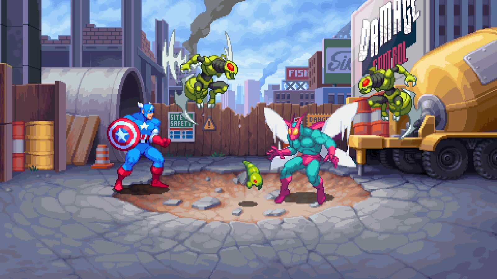 O Capitão América, com seu uniforme clássico, empunha seu escudo em um canteiro de obras ou área urbana degradada, enfrentando um inimigo voador verde e rosa no solo e dois drones voadores verdes e amarelos no ar. Um caminhão-betoneira e sinais de trânsito compõem o fundo.