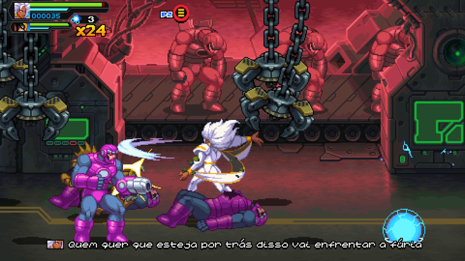 Arte pixelizada estilo beat 'em up 2D. A personagem Tempestade (Storm), em seu traje branco e dourado, pisa sobre um inimigo derrotado de armadura roxa enquanto confronta outro inimigo similar. No fundo, robôs vermelhos e engrenagens de metal criam um cenário de fábrica sombrio.