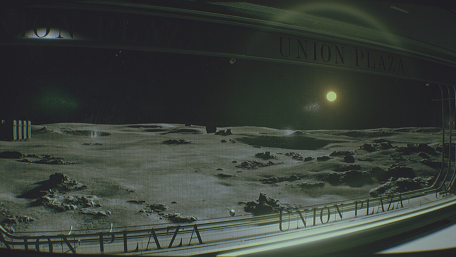 Vista da superfície lunar de uma estrutura chamada "UNION PLAZA", com um sol distante no céu escuro.