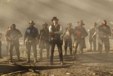 Todos os personagens da gangue parados um ao lado do outro liderados por Dutch