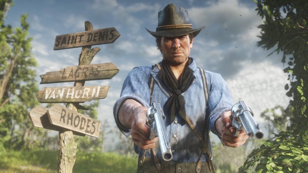 O personagem Arthur Morgan apontando suas duas armas para frente