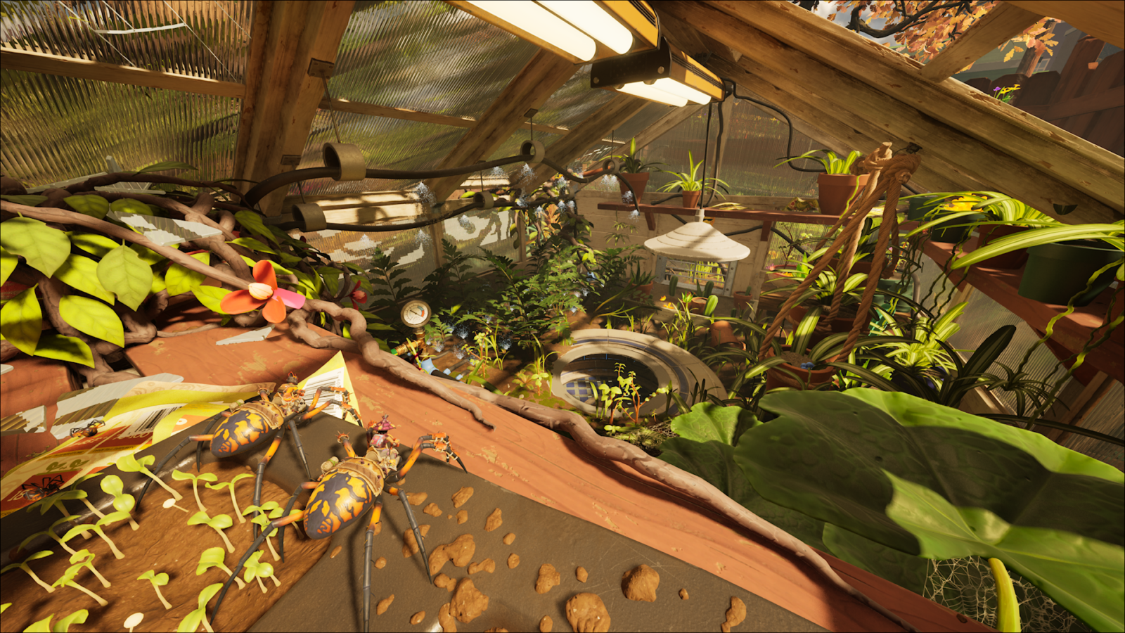 A estufa, repleta de folhagens densas, luzes artificiais e equipamentos de laboratório. No primeiro plano, à esquerda, dois grandes insetos mecânicos com padrões pretos e amarelos estão sobre uma mesa de madeira.