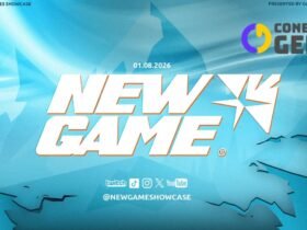 Fundo azul artístico com montanhas estilizadas. No centro, o logotipo "NEW GAME" em letras brancas garrafais com bordas laranjas, acompanhado de uma estrela estilizada. Acima do logo, a data 01.08.2026. Na parte inferior, ícones de redes sociais.