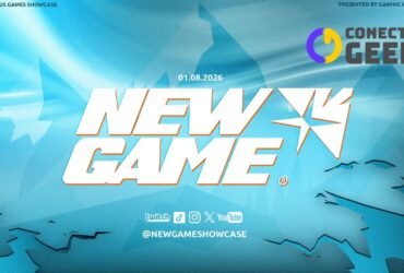 Fundo azul artístico com montanhas estilizadas. No centro, o logotipo "NEW GAME" em letras brancas garrafais com bordas laranjas, acompanhado de uma estrela estilizada. Acima do logo, a data 01.08.2026. Na parte inferior, ícones de redes sociais.