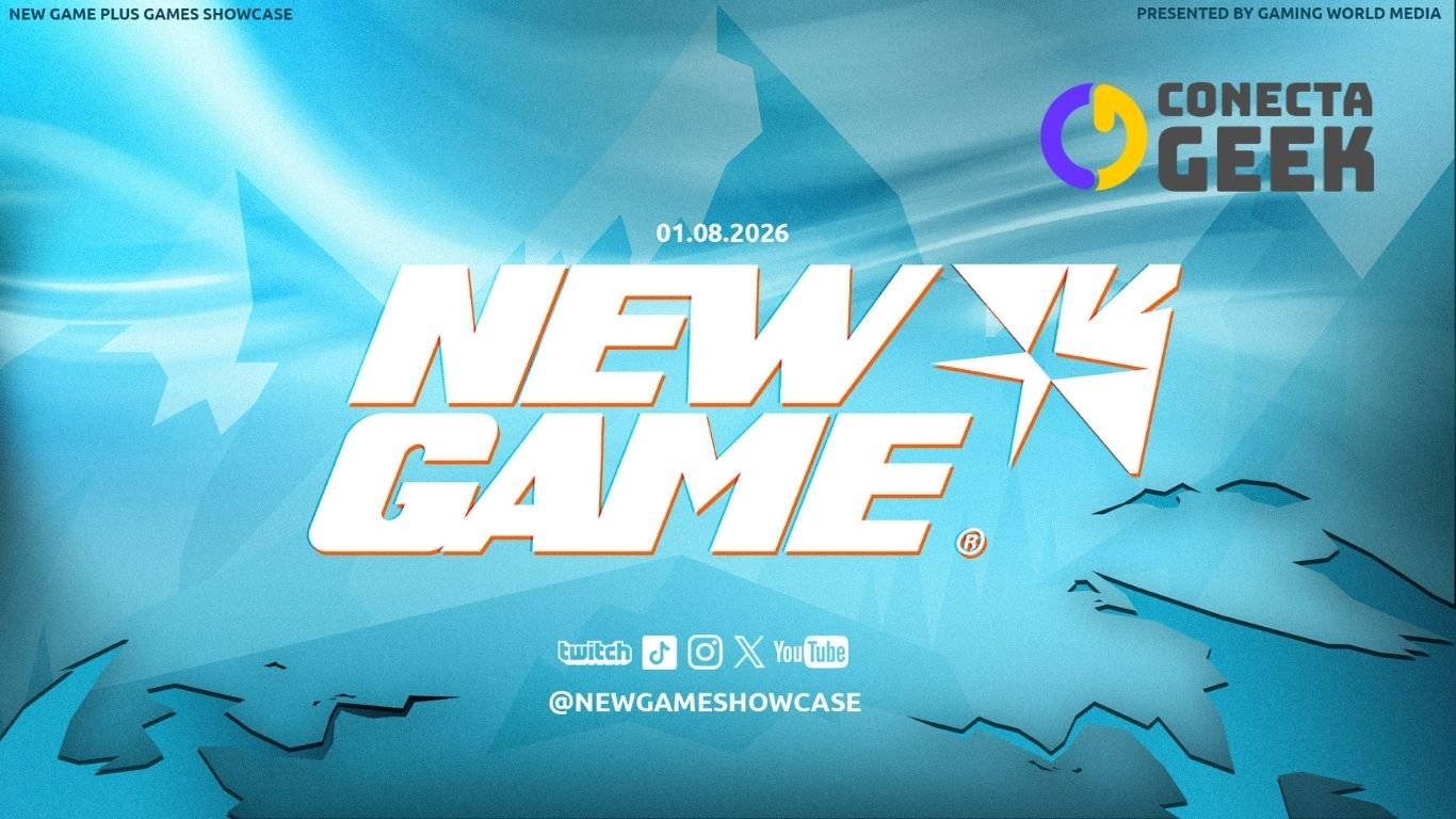Fundo azul artístico com montanhas estilizadas. No centro, o logotipo "NEW GAME" em letras brancas garrafais com bordas laranjas, acompanhado de uma estrela estilizada. Acima do logo, a data 01.08.2026. Na parte inferior, ícones de redes sociais.
