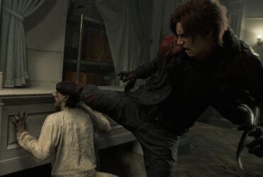 Resident Evil Requiem Leon chutando um zumbi
