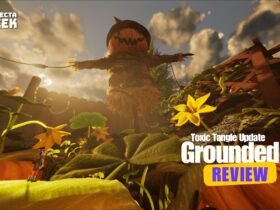 Visão em perspectiva baixa de um personagem minúsculo em um jardim gigante. Ao fundo, um espantalho com cabeça de abóbora domina o cenário sob uma luz de pôr do sol.