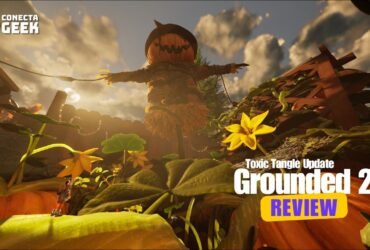 Visão em perspectiva baixa de um personagem minúsculo em um jardim gigante. Ao fundo, um espantalho com cabeça de abóbora domina o cenário sob uma luz de pôr do sol.