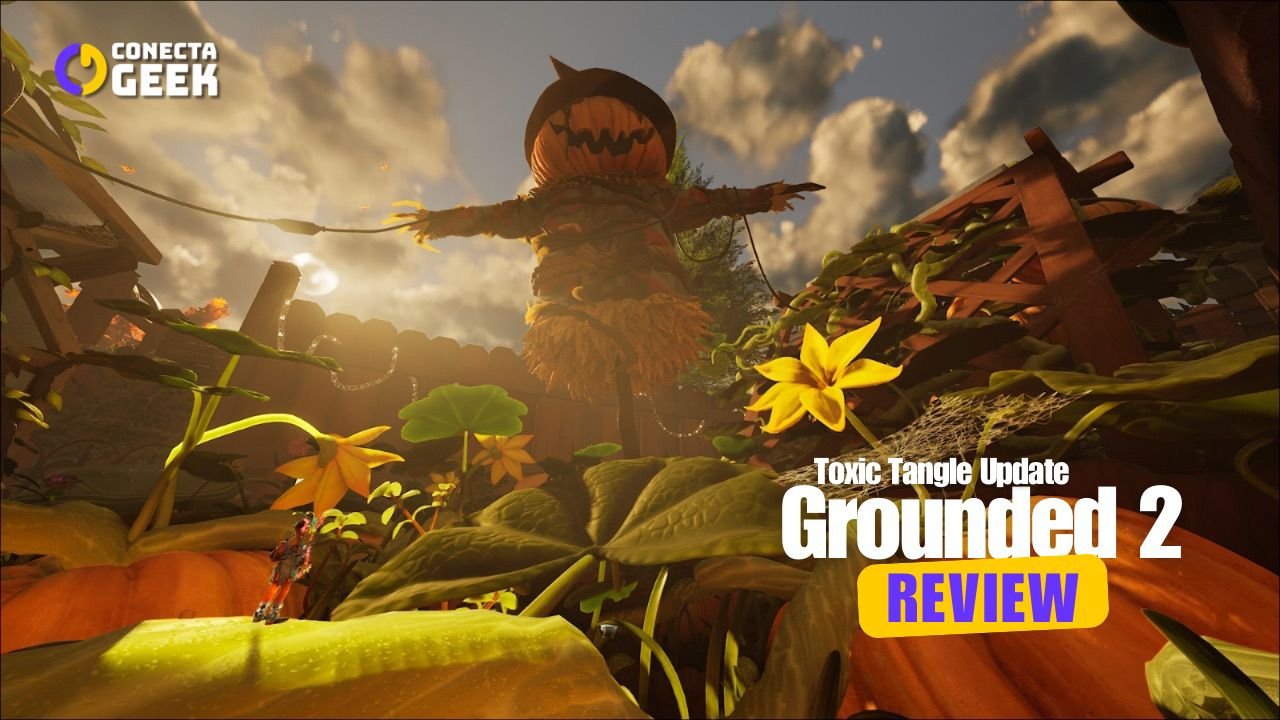 Visão em perspectiva baixa de um personagem minúsculo em um jardim gigante. Ao fundo, um espantalho com cabeça de abóbora domina o cenário sob uma luz de pôr do sol.