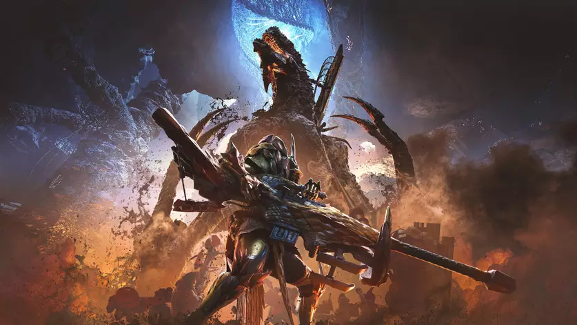 Personagem de Monster Hunter segurando uma arma e um monstro atrás.