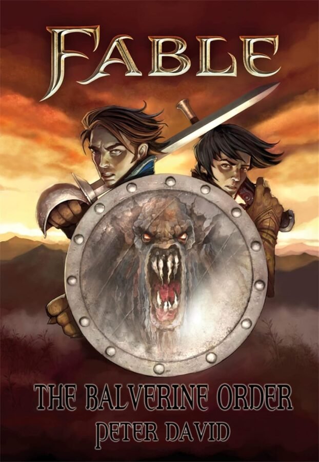 Capa do livro "Fable: The Balverine Order", de Peter David. A ilustração mostra dois jovens heróis, um rapaz com uma espada e uma moça atrás dele, protegendo-se atrás de um escudo redondo. No reflexo do escudo, vê-se a face aterrorizante de um Balverine (criatura lupina) com olhos vermelhos e dentes afiados. O fundo apresenta montanhas sob um céu crepuscular alaranjado.