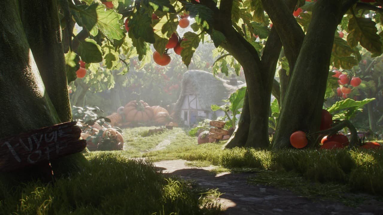 Uma trilha de terra serpenteia por um pomar mágico com tomates gigantes pendurados em árvores e abóboras enormes ao fundo, levando a uma pequena cabana rústica de telhado de palha sob uma luz solar suave e filtrada.